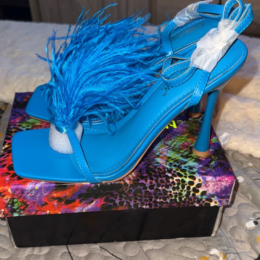 Cape Robbin Electric Blue Feather Strap Heels - Picture 2 of 6